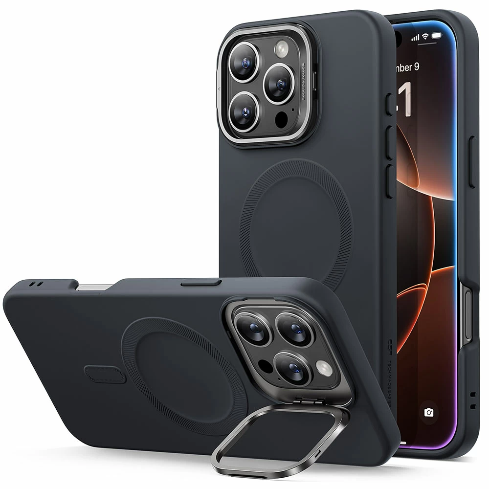 iPhone-16-Pro-Max-silicone-Case-with-Stash-Stand-Magsafe-black-1 ESR Soft Case With Stash Stand Black - Image 1