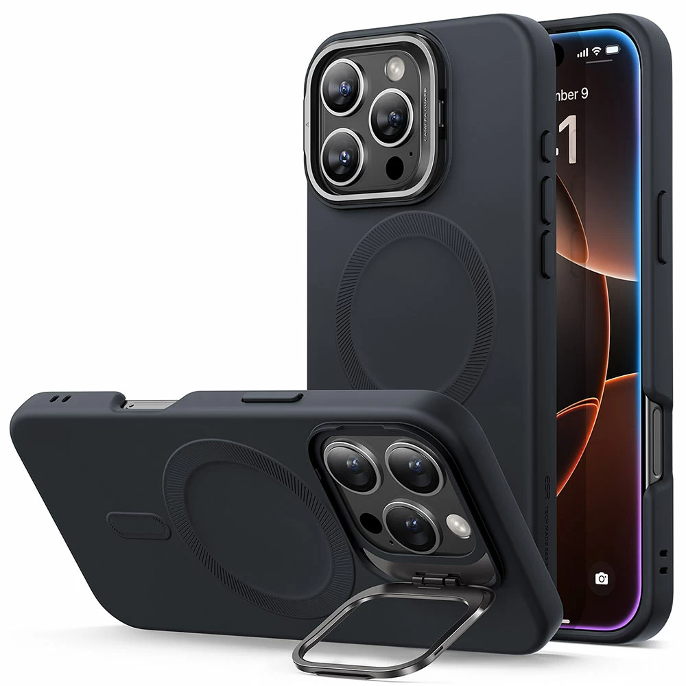 iPhone-16-Pro-silicone-Case-with-Stash-Stand-Magsafe-black-1 ESR Soft Case With Stash Stand Black - Image 1