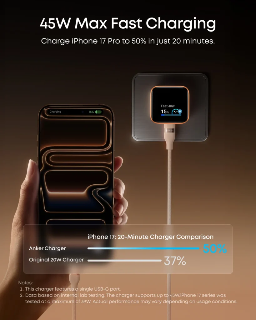 Anker Nano Charger (45W, Smart Display, 180° Foldable) – White thumbnail 3