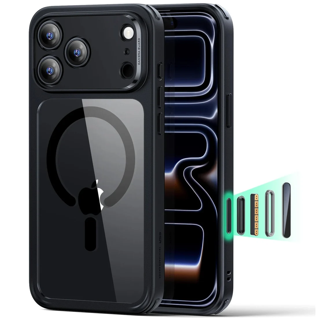 esrr1 iPhone 17 Pro Max Classic Hybrid Magnetic Case (Camera Control) - Clear Black - Image 1