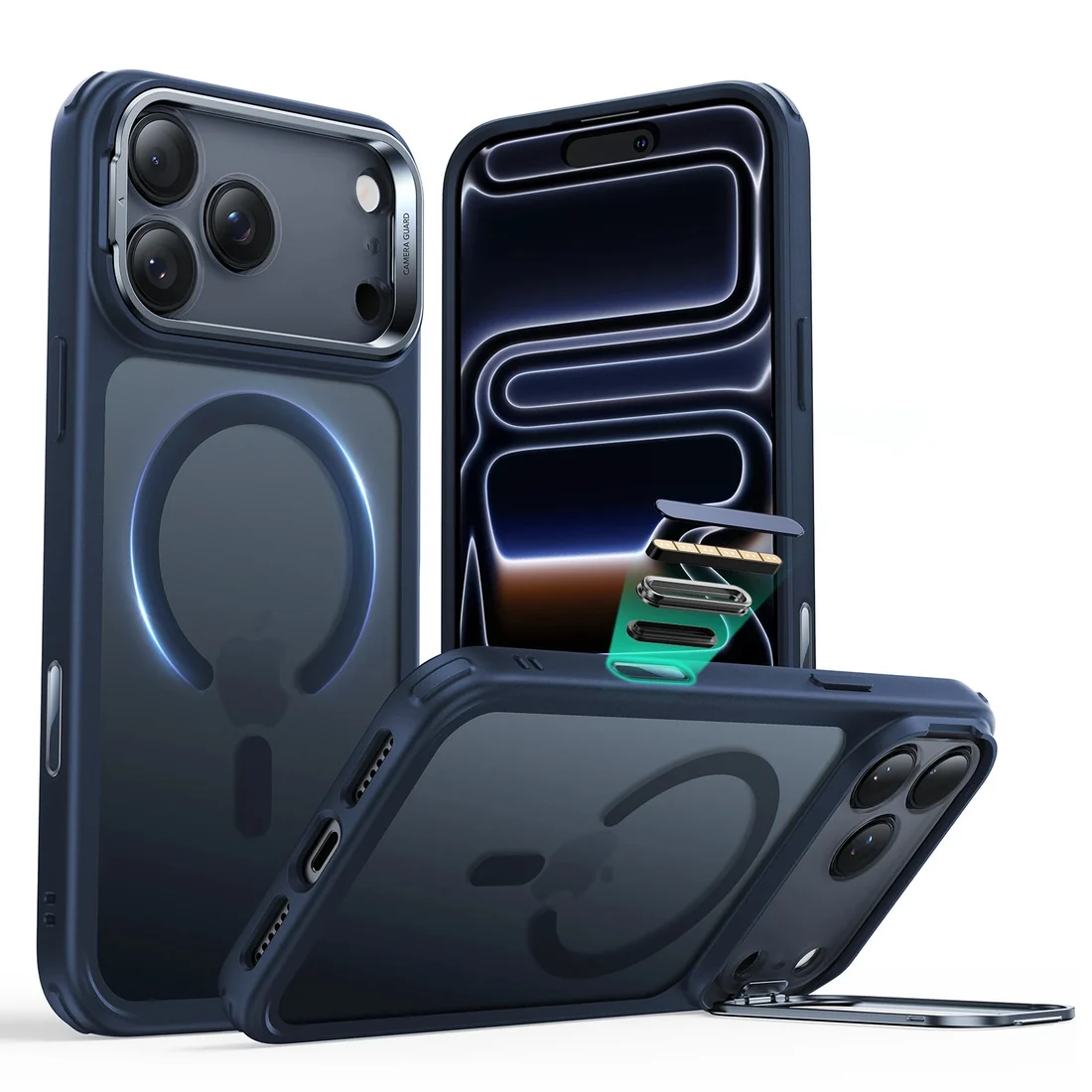 iPhone 17 Pro Max Classic Hybrid Magnetic Case (Camera Control, Stash Stand) - Frosted Blue - Image 1